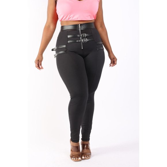 Boutique Pants - Women's Sexy Buckle Detailed High Waisted Leggings Curvy Plus Size Party Daily